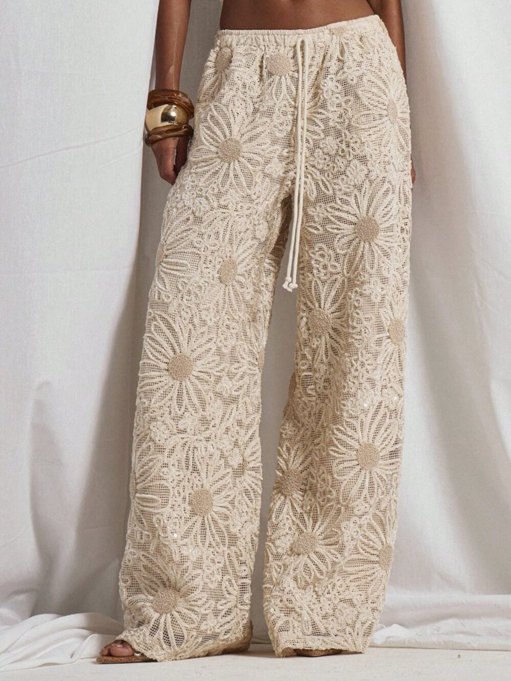 Apricot Elasticated Women's Floral sequin detgailed Wide Leg Trouser